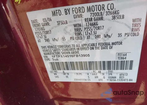 2006 Ford F-150 Fx4/Lariat/Xl/Xlt z USA, uszkodzony, nr VIN 1FTPX14516FB13905